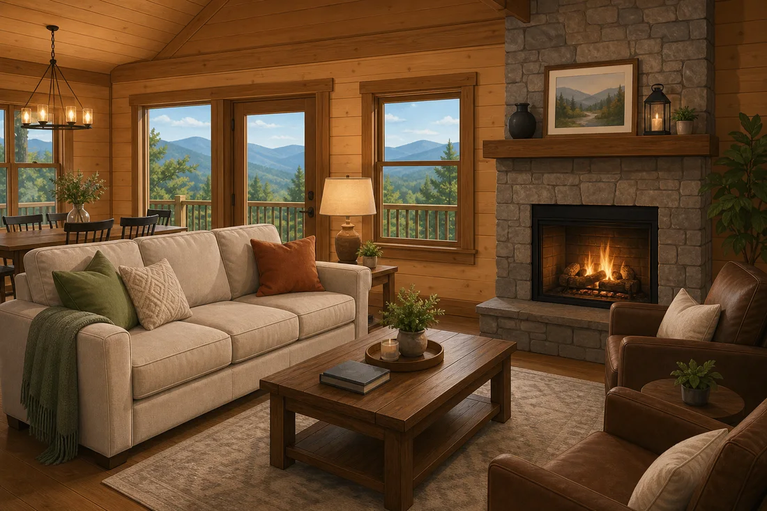 Cozy furnished cabin living room with a stone fireplace and mountain views