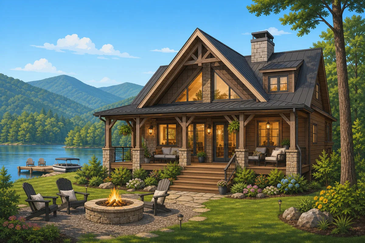 A cozy short-term-rental cabin and lake house with a fire pit and dock