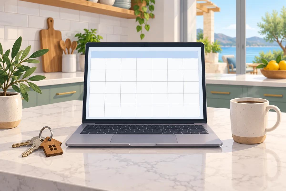 A laptop on a kitchen counter showing a vacation-rental calendar, house keys and a coffee mug beside it, morning light