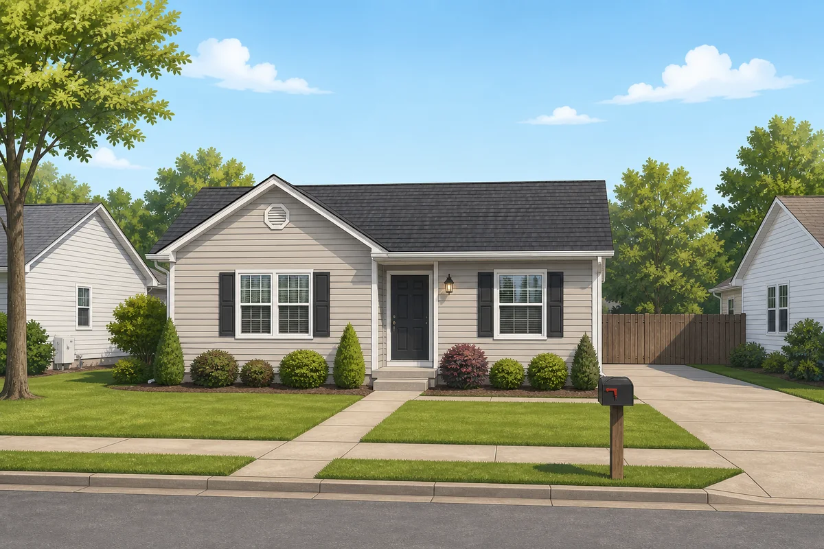 A modest single-family rental home on a quiet suburban street