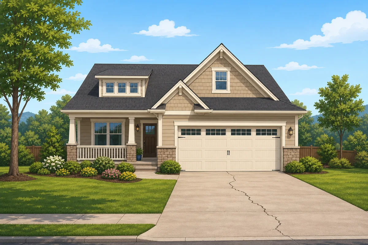 A suburban home with a hairline crack running across the driveway