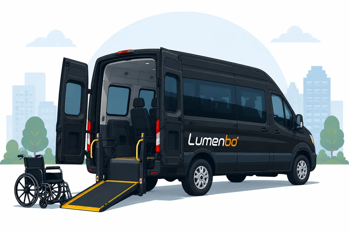 Lumenbo wheelchair-accessible NEMT van with rear ramp deployed
