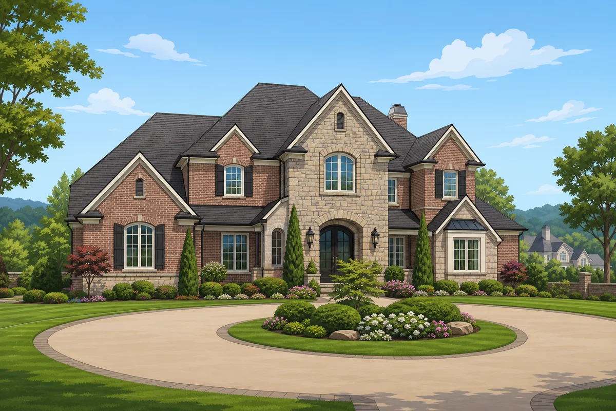 Large brick-and-stone luxury home with a landscaped circular driveway in an affluent Tennessee suburb
