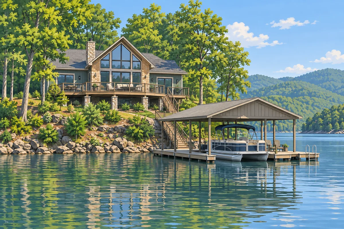 A lake house on a wooded Tennessee shoreline with a covered boat dock and a pontoon boat, calm summer water