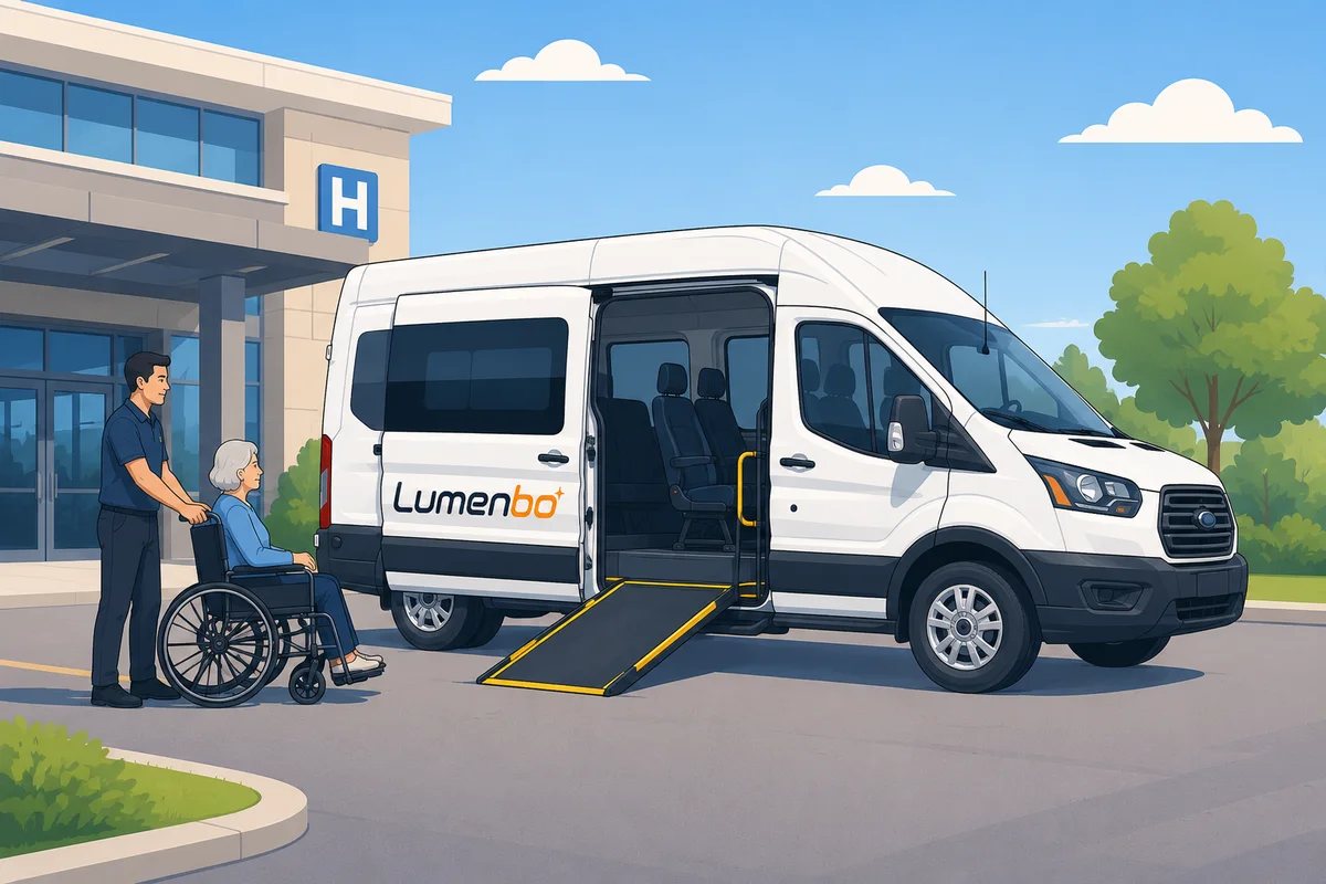 A caregiver assisting a passenger into a Lumenbo NEMT van at a hospital entrance