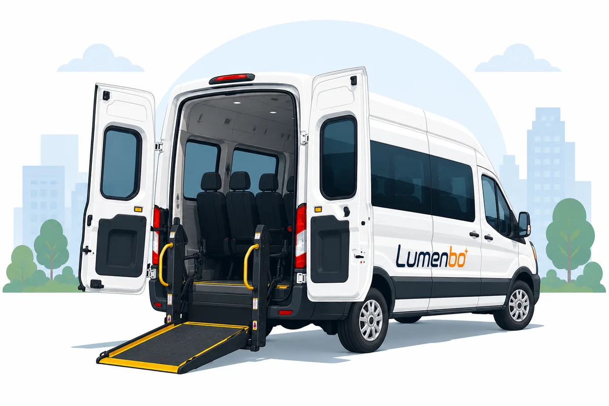 Lumenbo wheelchair-accessible NEMT van with rear ramp deployed
