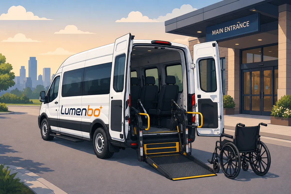 Lumenbo wheelchair-accessible NEMT van at a facility main entrance
