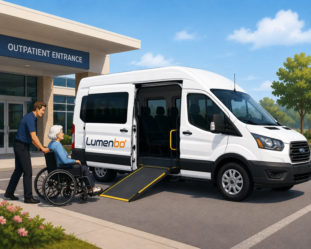A caregiver assisting a passenger into a Lumenbo wheelchair-accessible NEMT van