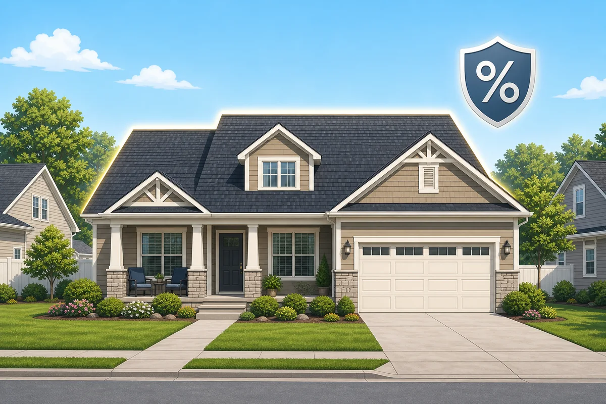 A suburban home with a shield badge showing a percent symbol, illustrating a percentage deductible