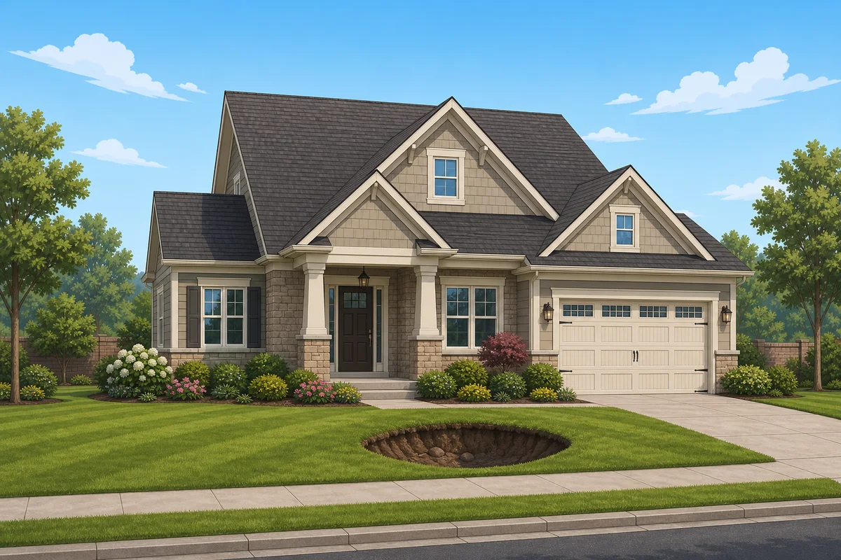 A suburban home with a small sinkhole opening in the front lawn