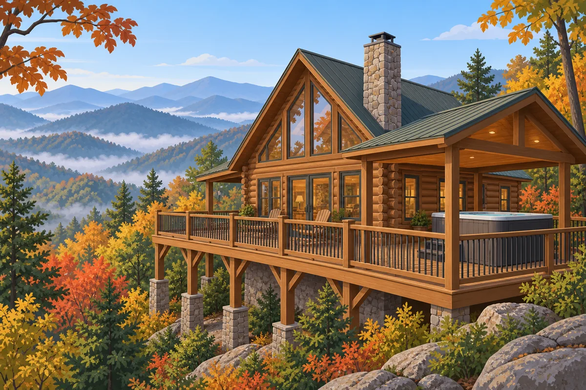 A log cabin with a wraparound deck and hot tub overlooking a forested Smoky Mountain ridge