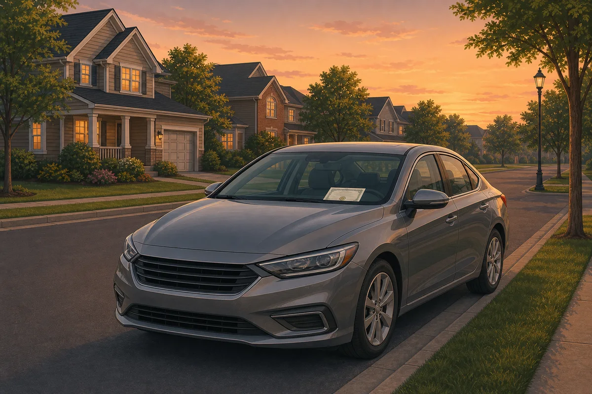 A sedan parked on a suburban street at dusk