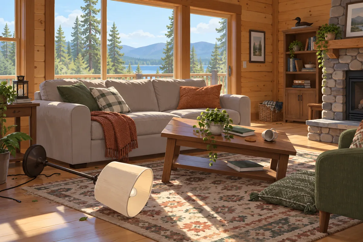 An overturned lamp and scattered furnishings in a Tennessee cabin living room, morning light through the windows