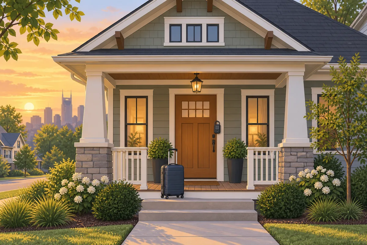 A Nashville-area home with a suitcase on the porch and a key lockbox on the door, ready for a short-term guest