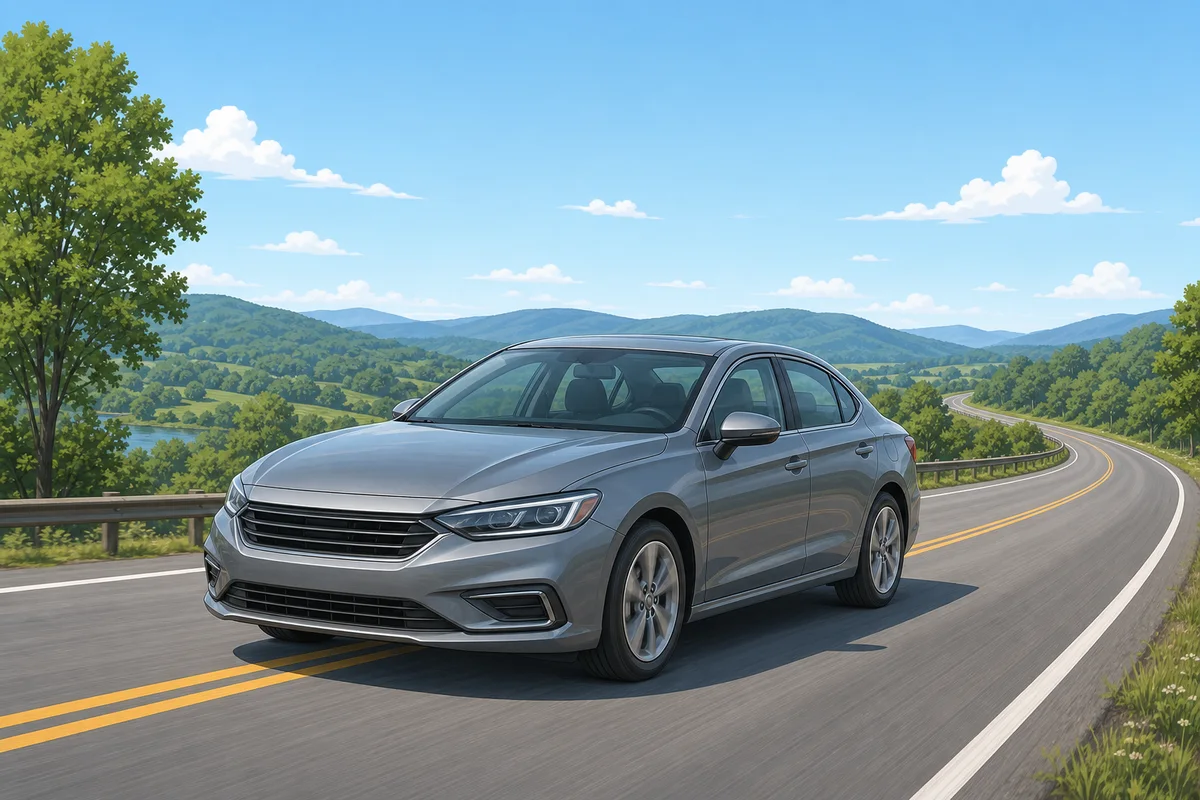 A sedan driving on an open road through the Tennessee hills
