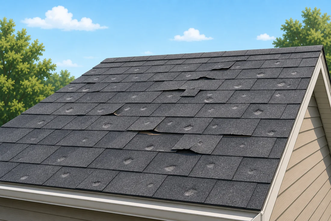 Close-up of an asphalt-shingle roof with hail dents and lifted shingles