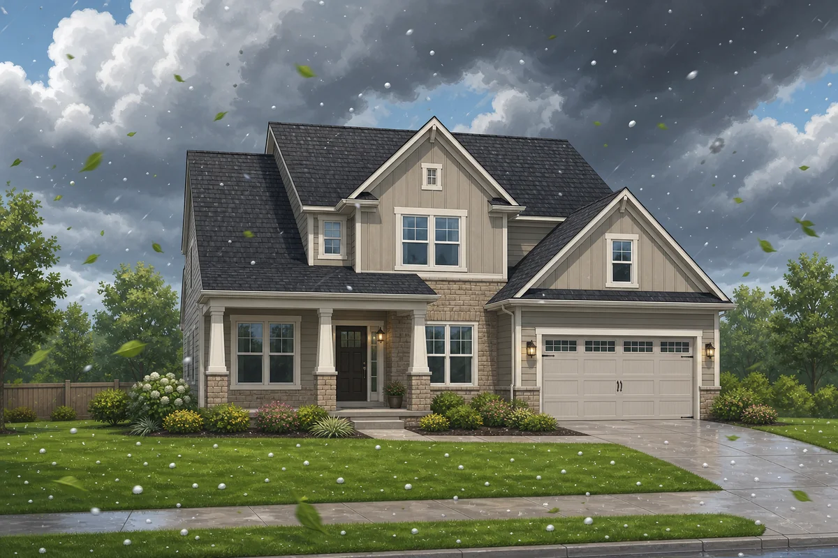 A suburban home under gathering storm clouds and falling hail