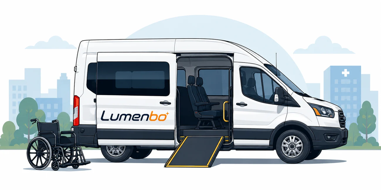Lumenbo wheelchair-accessible non-emergency medical transport van with ramp deployed