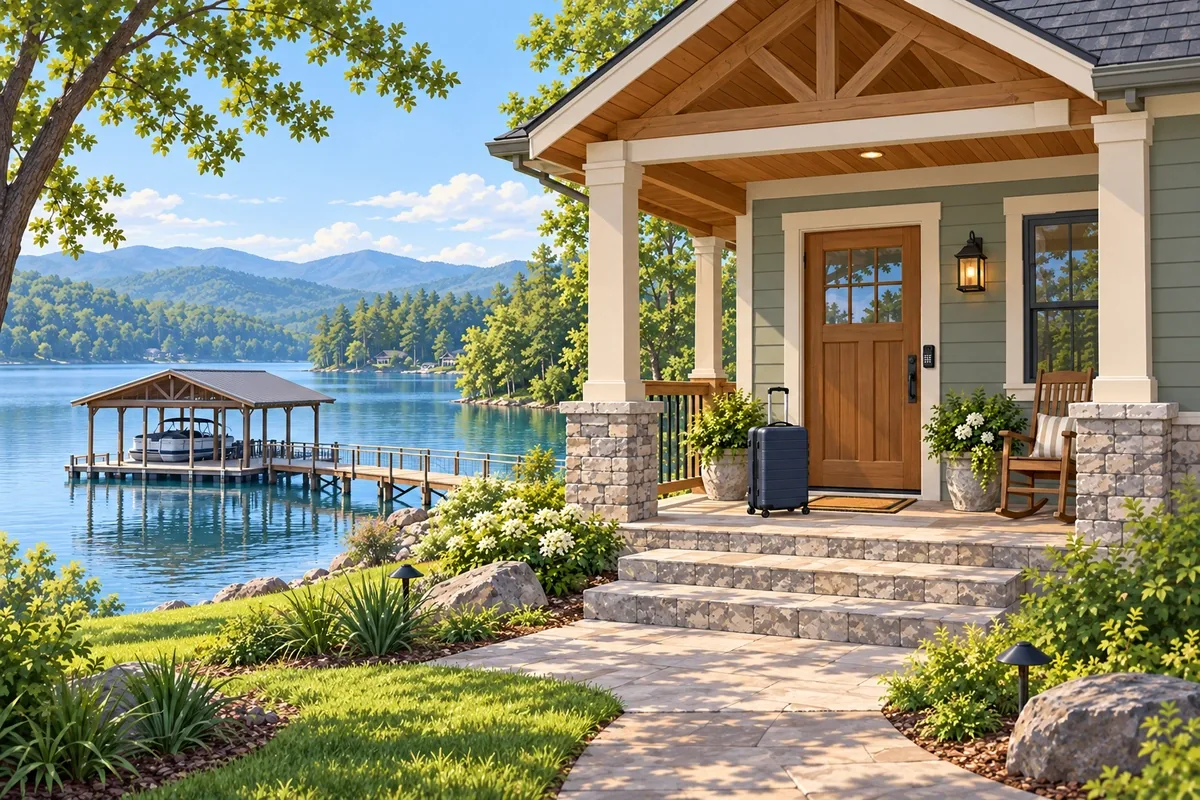 A Tennessee home with a key lockbox on the front door and a suitcase on the porch step, ready for a short-term guest